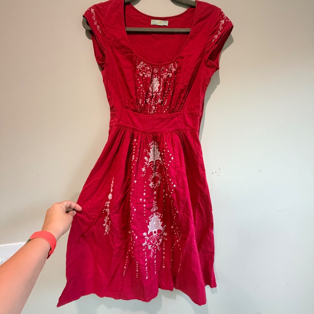 Y2K Anthropology Embroidered Fit Flare Dress XS Cotton Cottagecore Twee Dainty